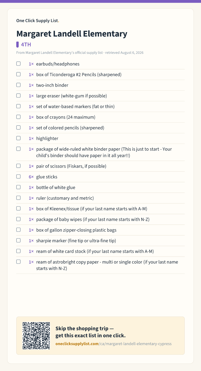 Margaret Landell Elementary 4TH supply list — printable image