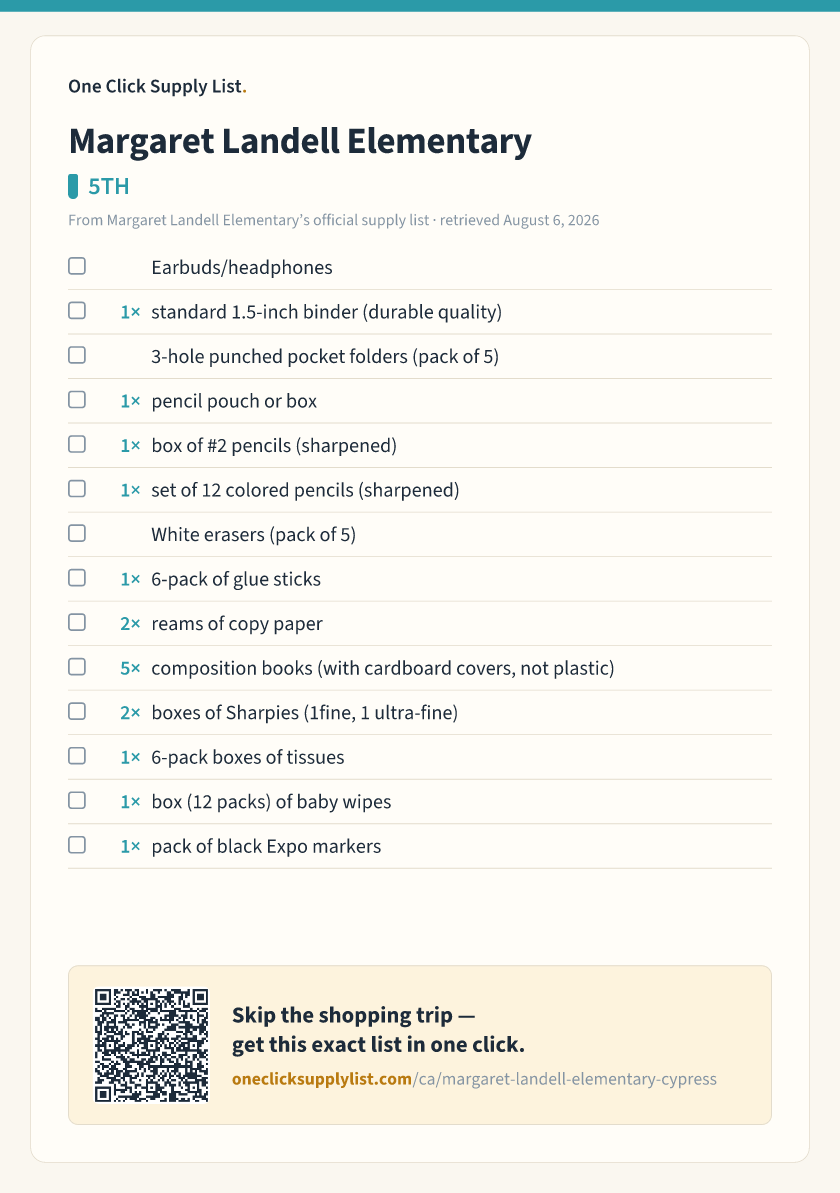 Margaret Landell Elementary 5TH supply list — printable image
