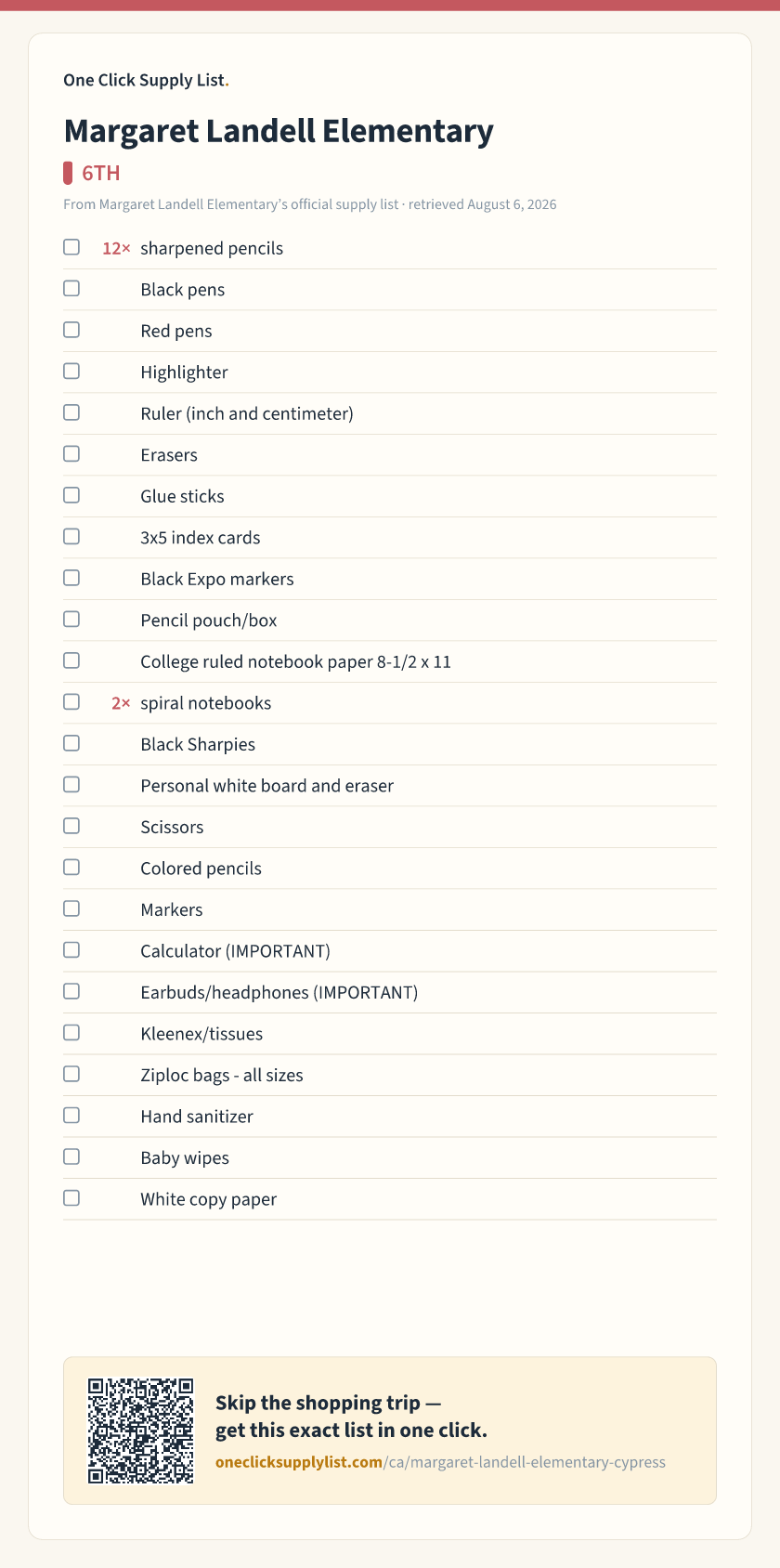 Margaret Landell Elementary 6TH supply list — printable image