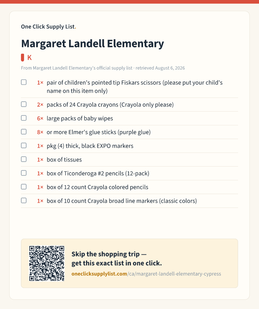 Margaret Landell Elementary K supply list — printable image