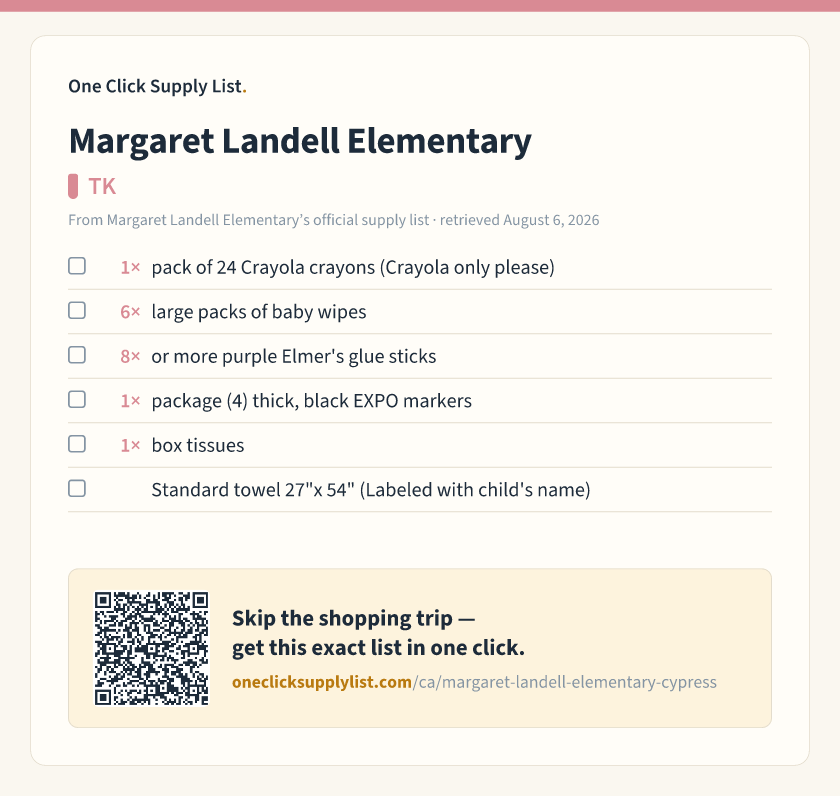 Margaret Landell Elementary TK supply list — printable image