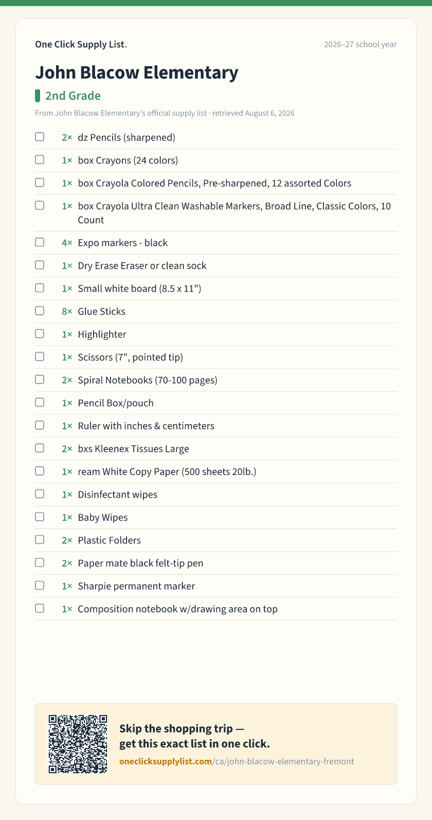John Blacow Elementary 2nd Grade supply list — printable image