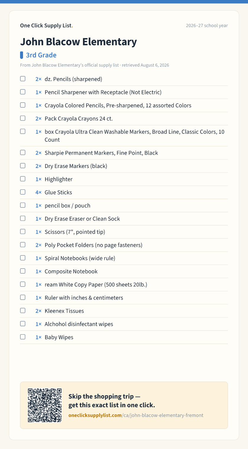 John Blacow Elementary 3rd Grade supply list — printable image