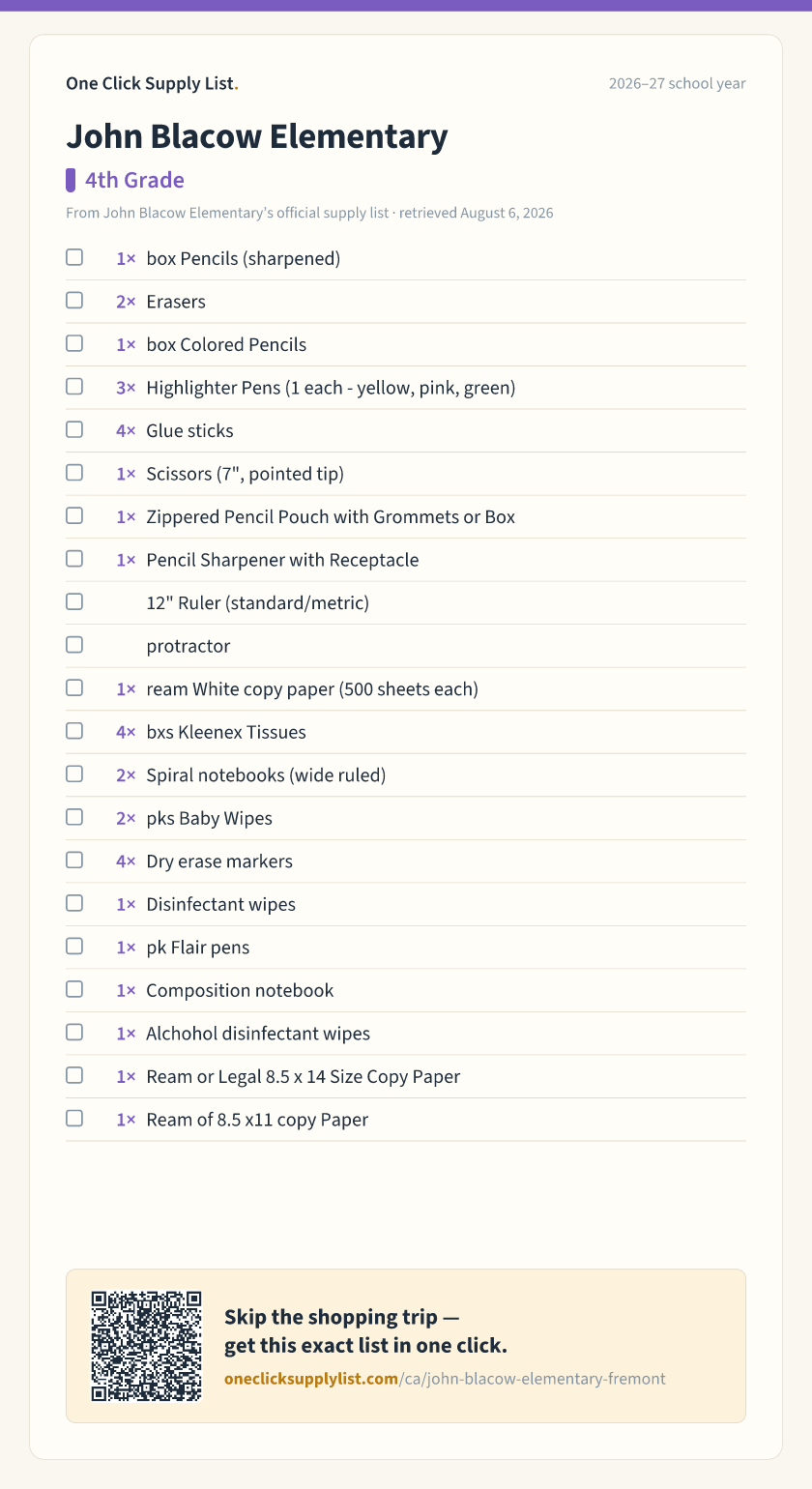 John Blacow Elementary 4th Grade supply list — printable image