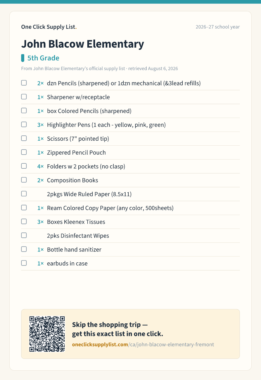 John Blacow Elementary 5th Grade supply list — printable image