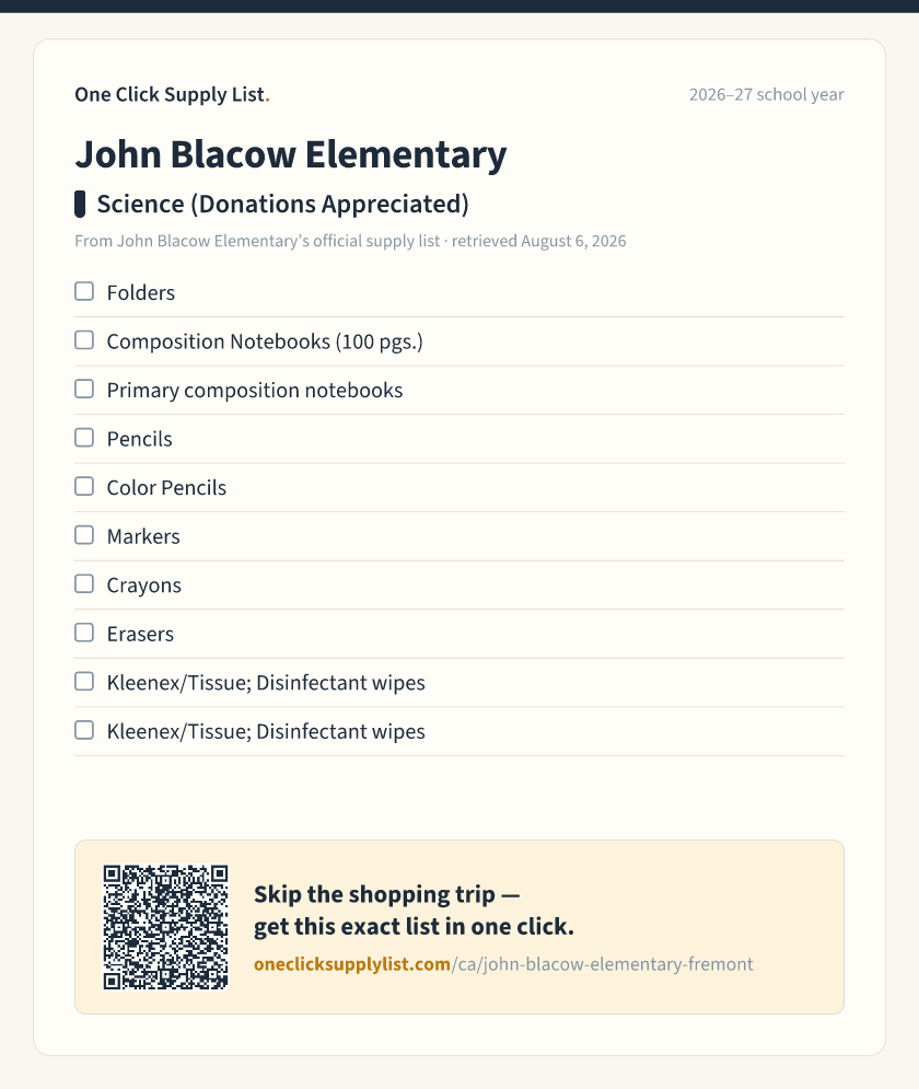John Blacow Elementary Science (Donations Appreciated) supply list — printable image