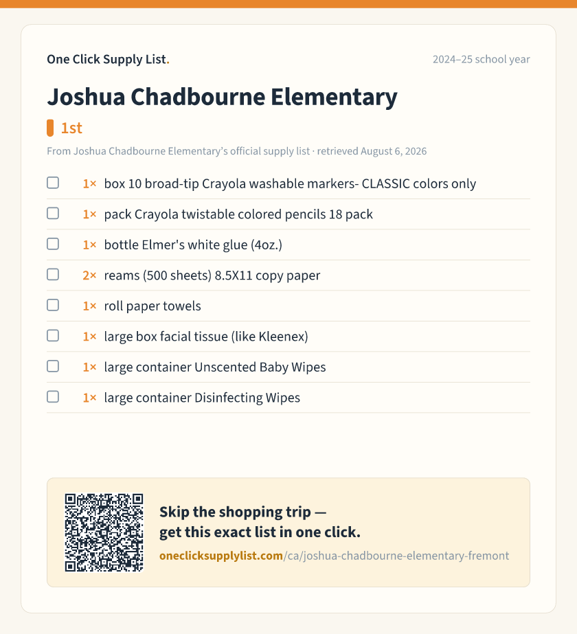 Joshua Chadbourne Elementary 1st supply list — printable image