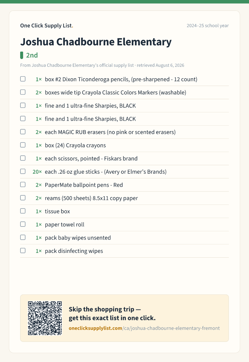 Joshua Chadbourne Elementary 2nd supply list — printable image