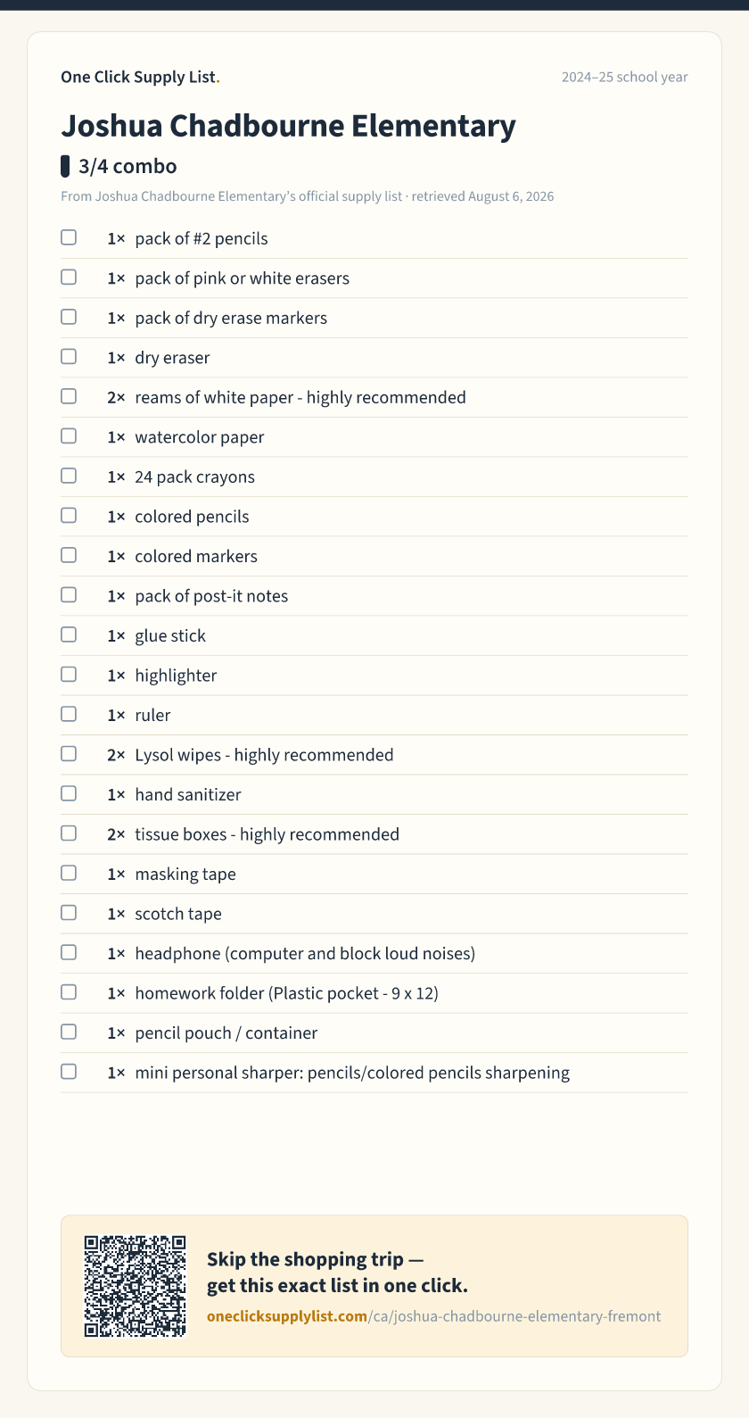 Joshua Chadbourne Elementary 3/4 combo supply list — printable image