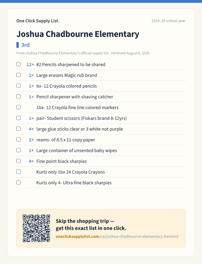 Joshua Chadbourne Elementary 3rd supply list — printable image