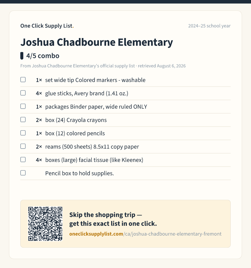 Joshua Chadbourne Elementary 4/5 combo supply list — printable image