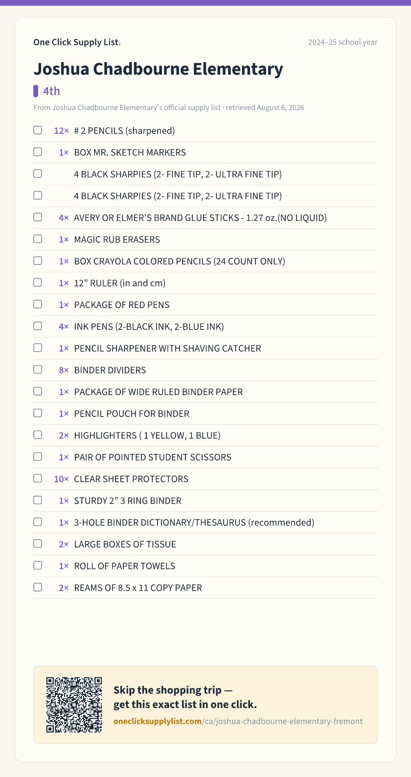 Joshua Chadbourne Elementary 4th supply list — printable image