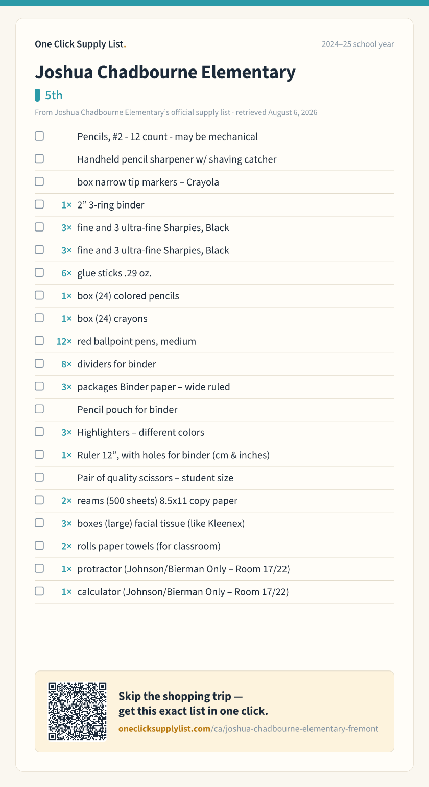 Joshua Chadbourne Elementary 5th supply list — printable image
