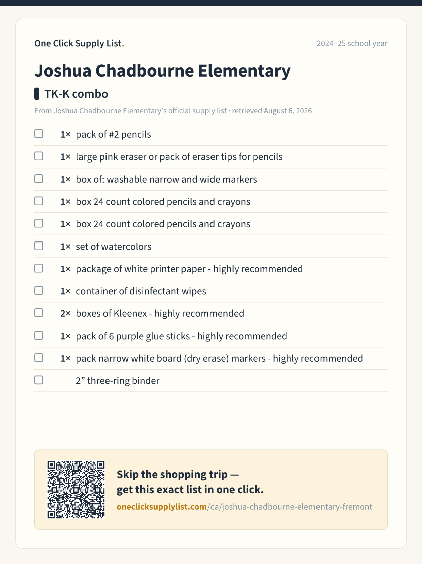 Joshua Chadbourne Elementary TK-K combo supply list — printable image