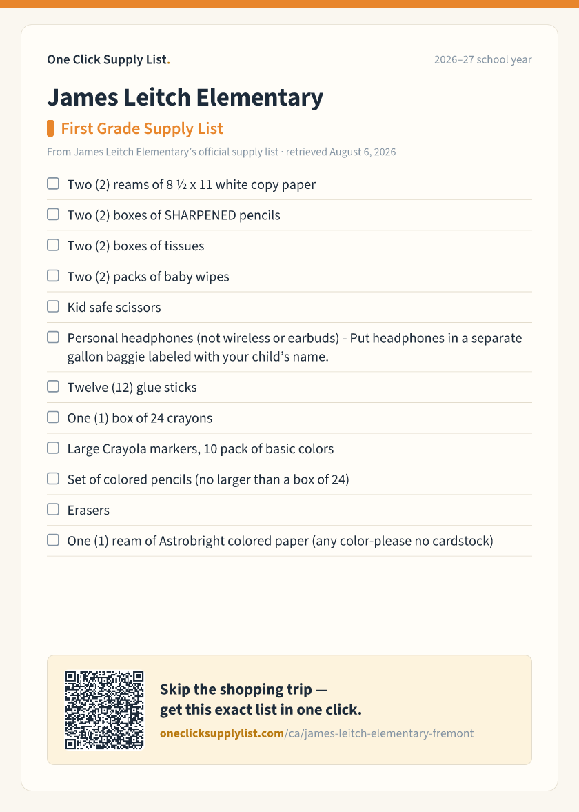 James Leitch Elementary First Grade Supply List supply list — printable image