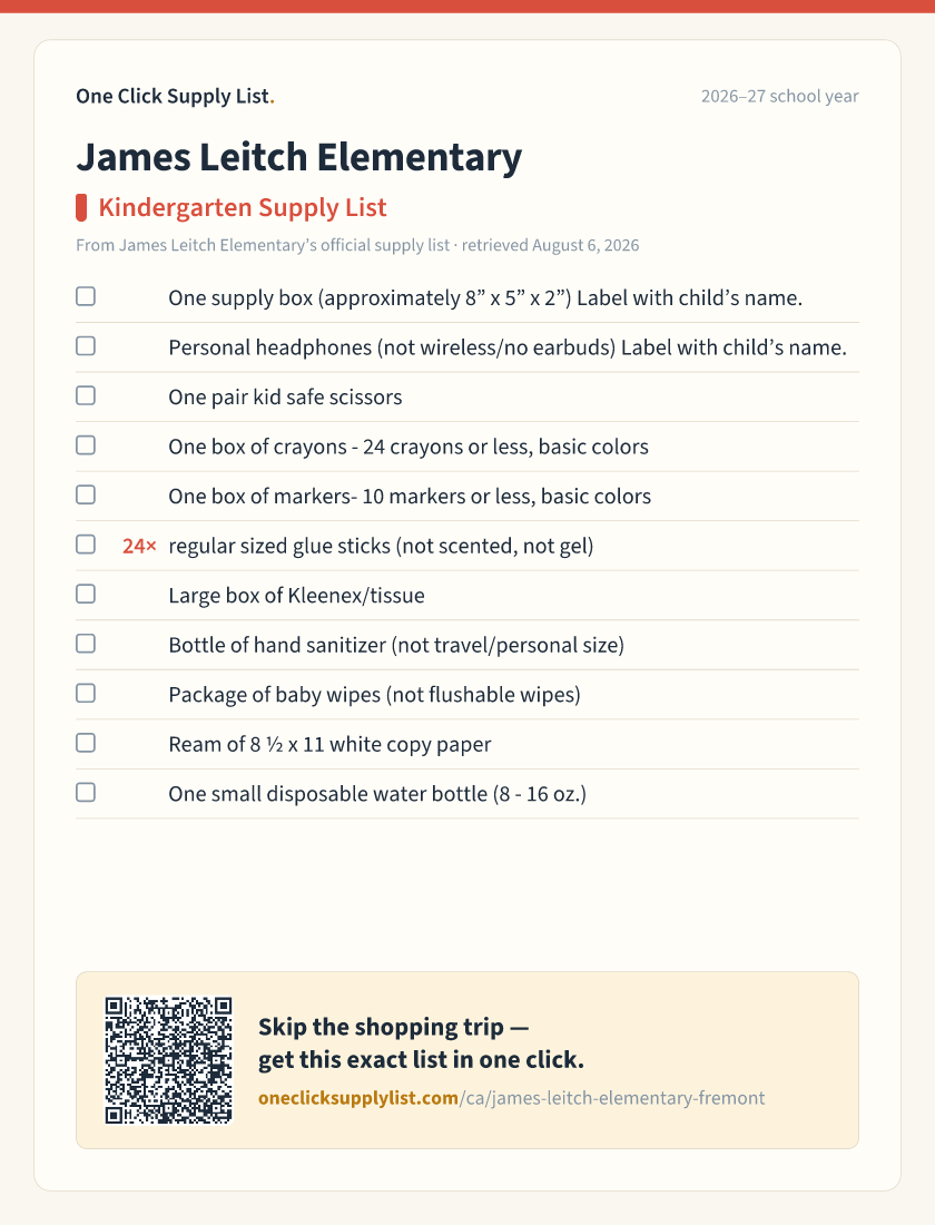 James Leitch Elementary Kindergarten Supply List supply list — printable image