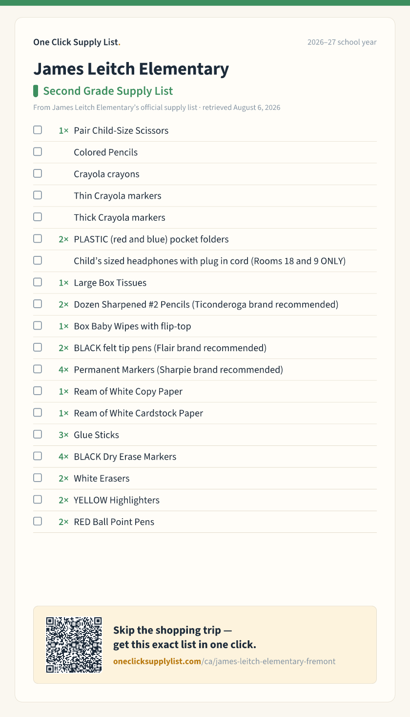 James Leitch Elementary Second Grade Supply List supply list — printable image