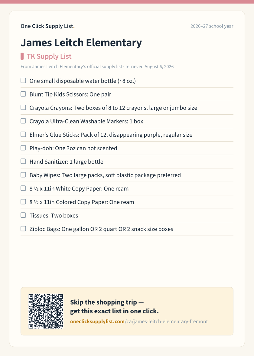 James Leitch Elementary TK Supply List supply list — printable image