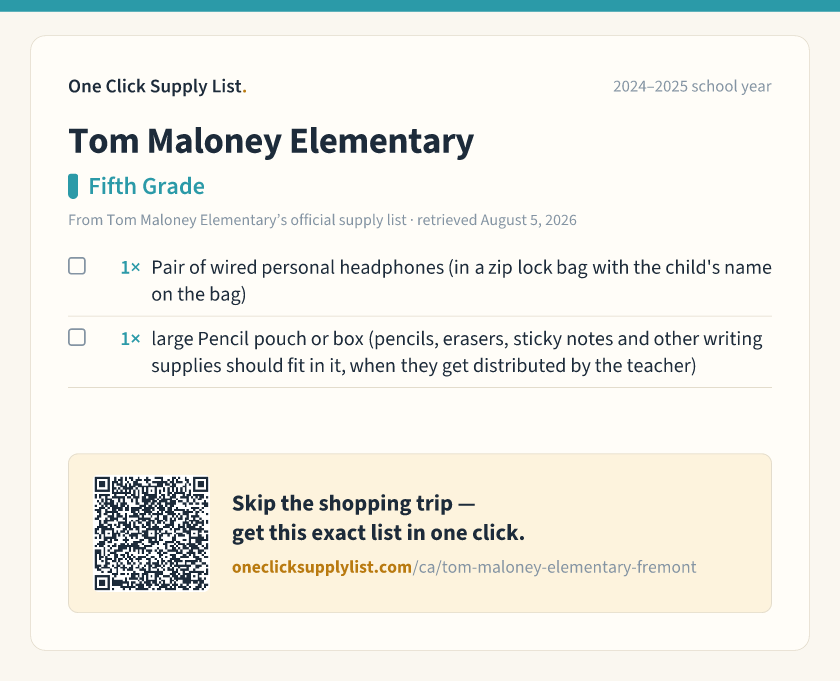 Tom Maloney Elementary Fifth Grade supply list — printable image