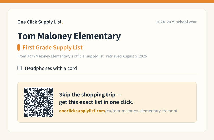 Tom Maloney Elementary First Grade Supply List supply list — printable image
