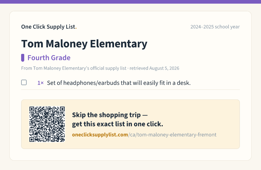 Tom Maloney Elementary Fourth Grade supply list — printable image