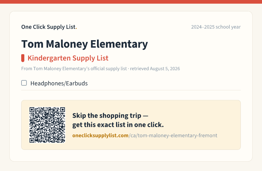Tom Maloney Elementary Kindergarten Supply List supply list — printable image