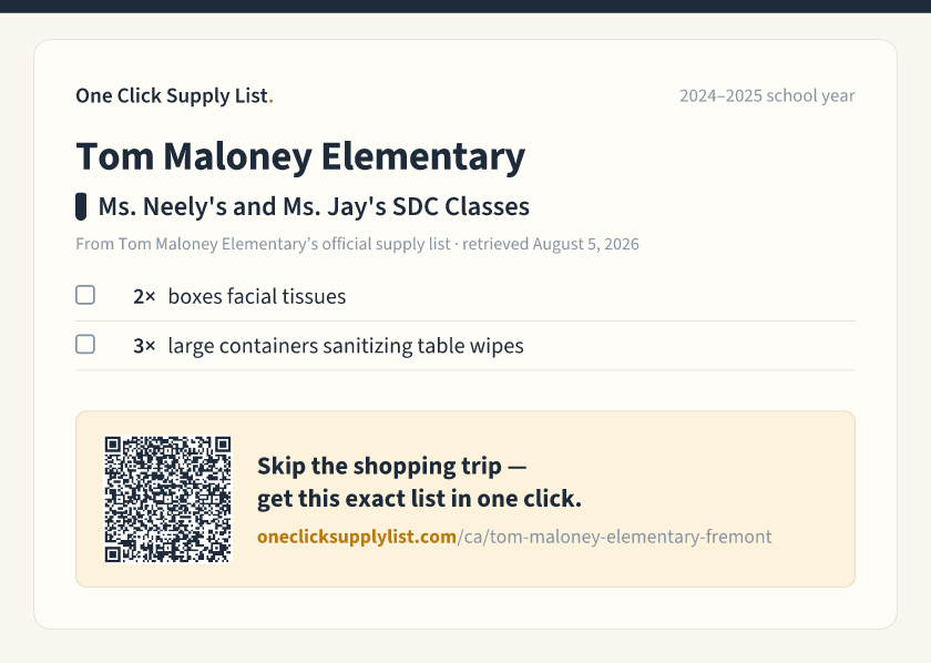 Tom Maloney Elementary Ms. Neely's and Ms. Jay's SDC Classes supply list — printable image