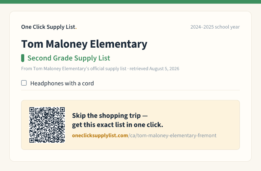 Tom Maloney Elementary Second Grade Supply List supply list — printable image