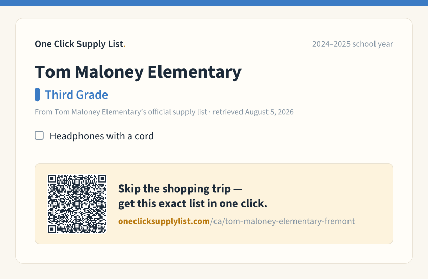 Tom Maloney Elementary Third Grade supply list — printable image