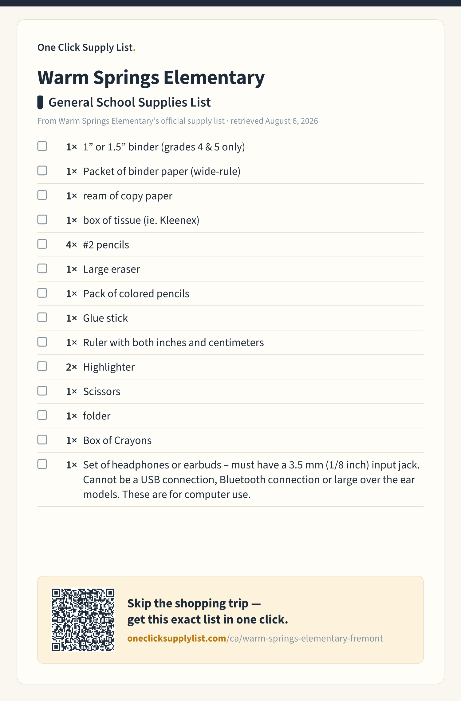 Warm Springs Elementary General School Supplies List supply list — printable image