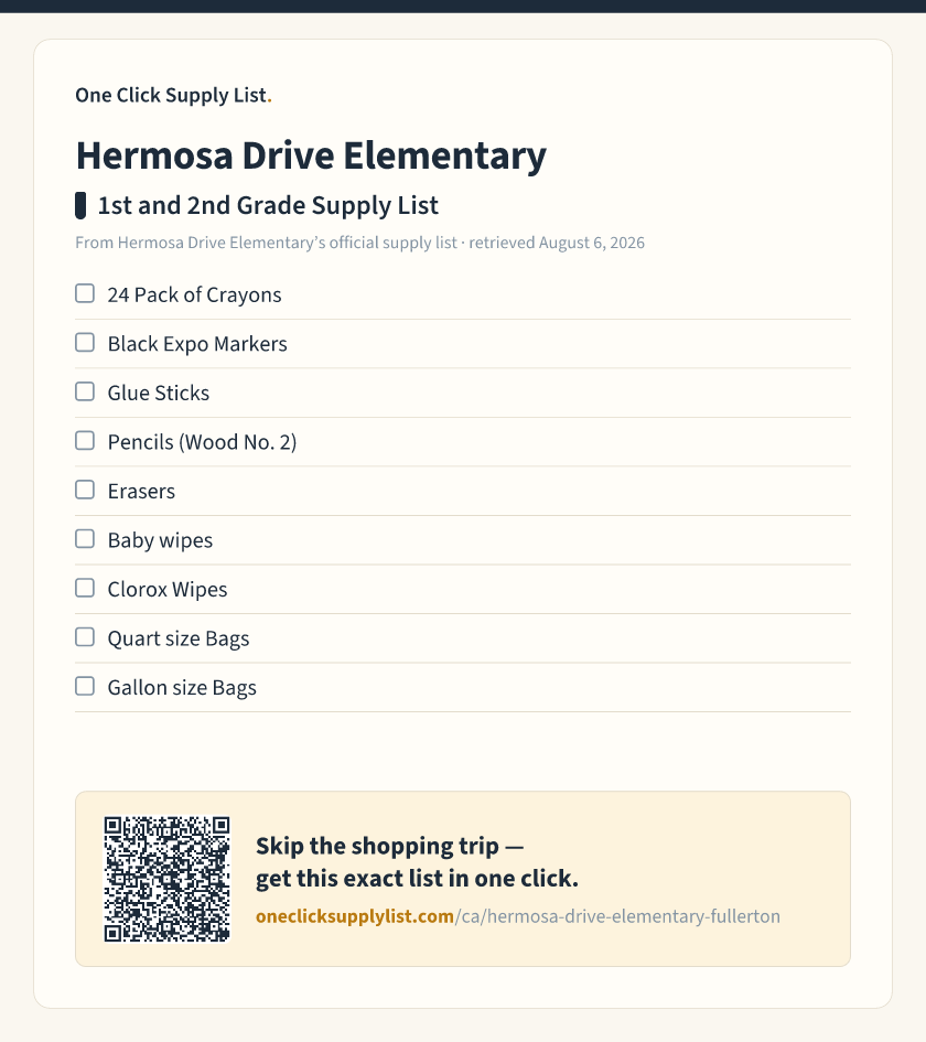 Hermosa Drive Elementary 1st and 2nd Grade Supply List supply list — printable image