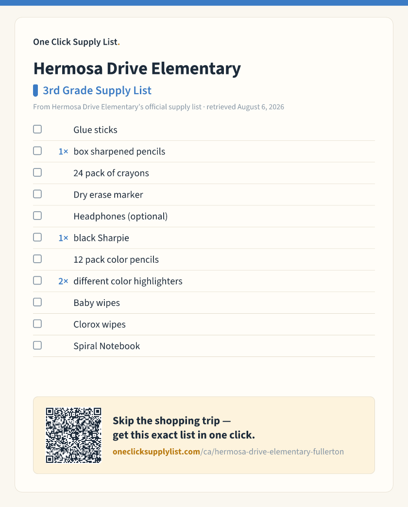 Hermosa Drive Elementary 3rd Grade Supply List supply list — printable image