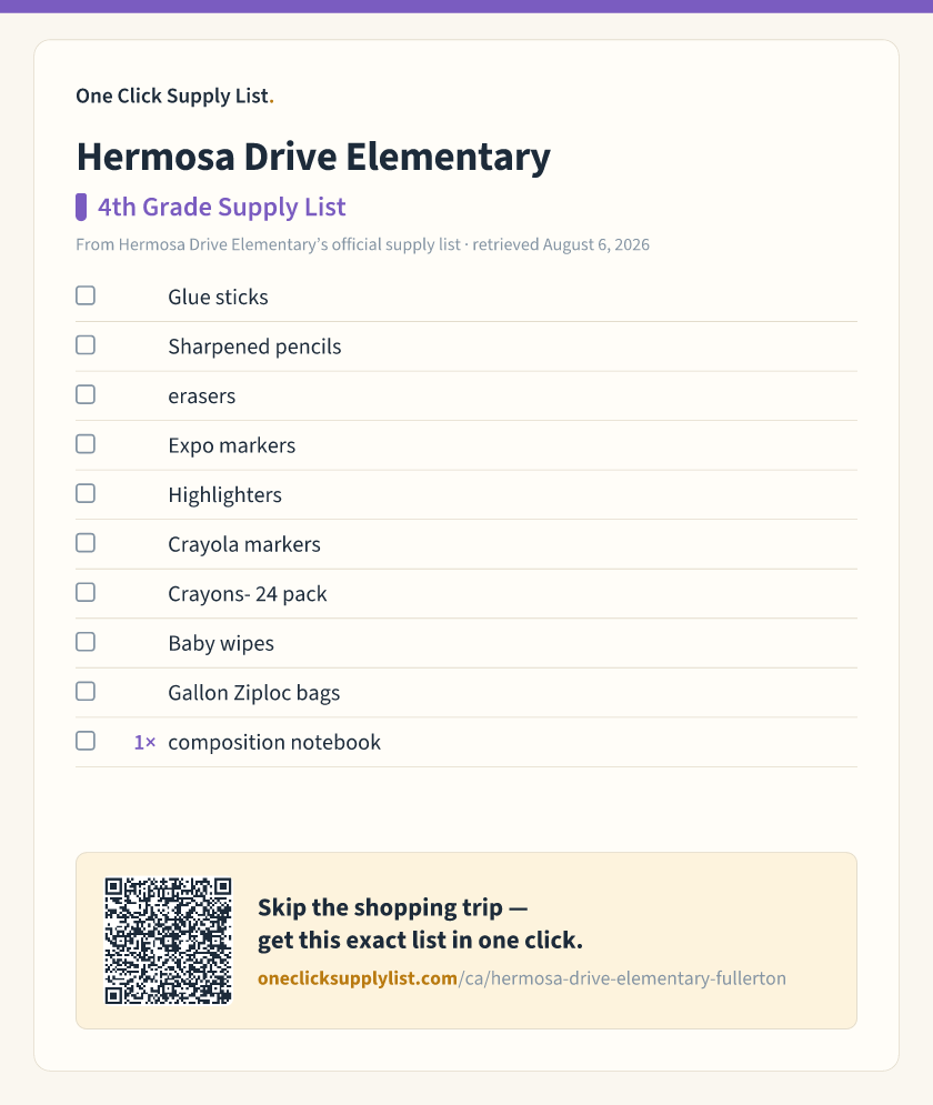 Hermosa Drive Elementary 4th Grade Supply List supply list — printable image