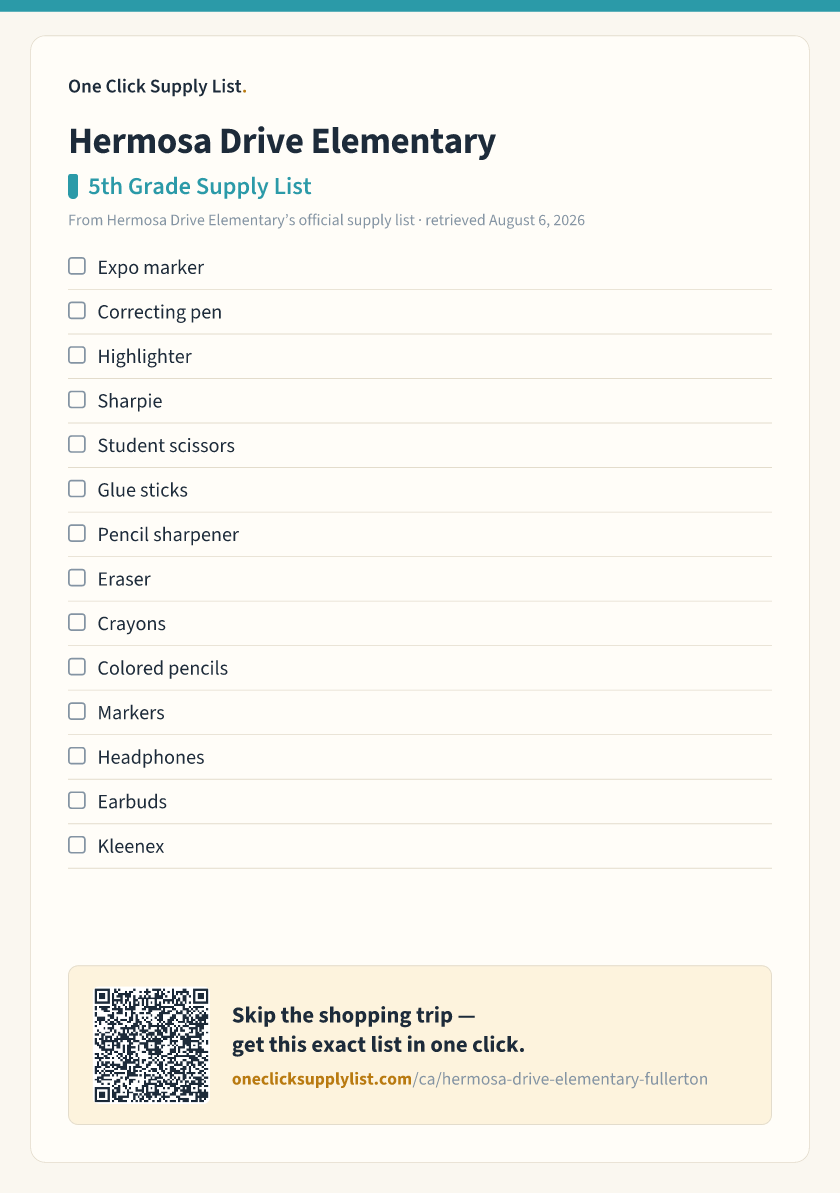 Hermosa Drive Elementary 5th Grade Supply List supply list — printable image