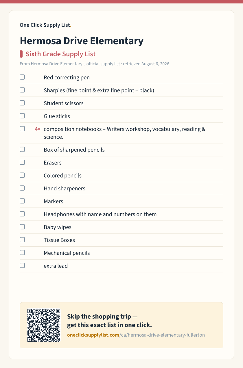 Hermosa Drive Elementary Sixth Grade Supply List supply list — printable image