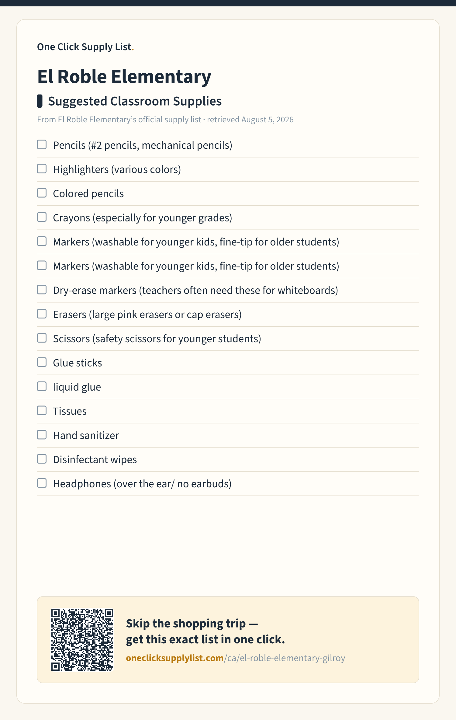 El Roble Elementary Suggested Classroom Supplies supply list — printable image