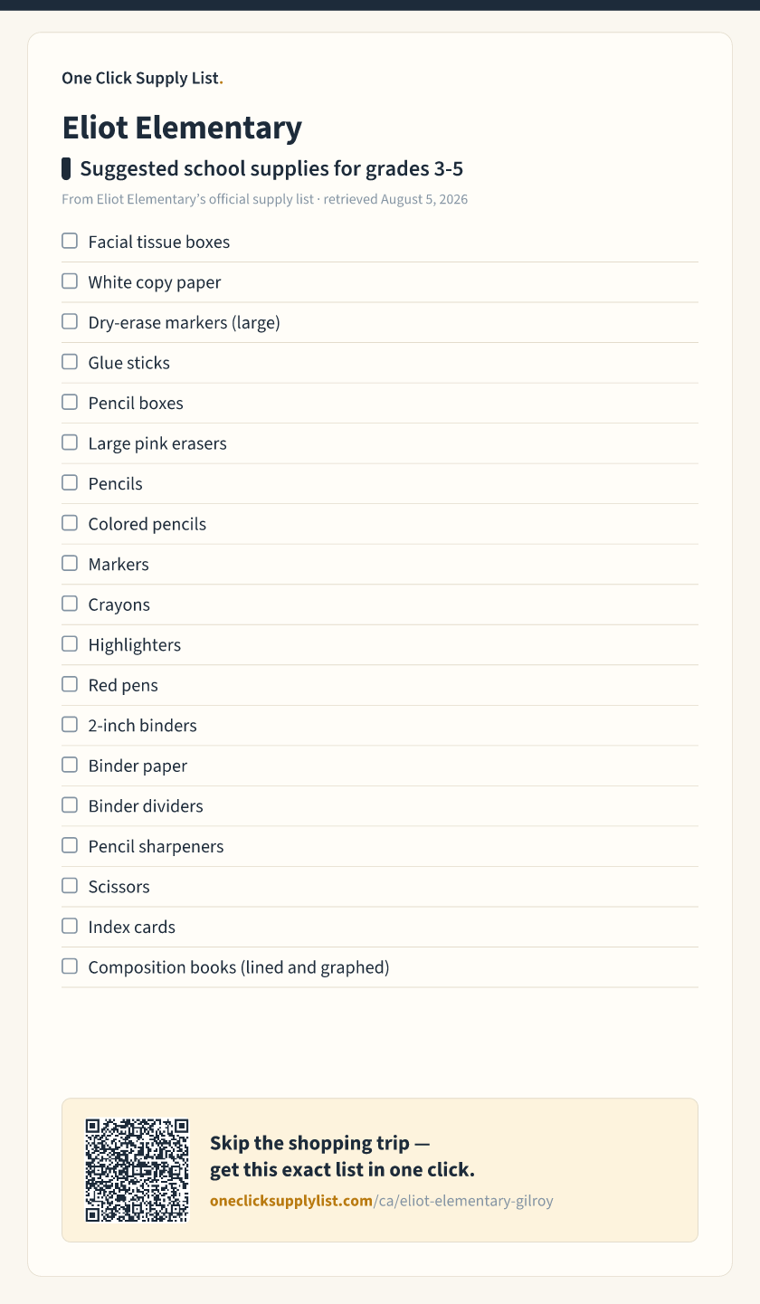 Eliot Elementary Suggested school supplies for grades 3-5 supply list — printable image