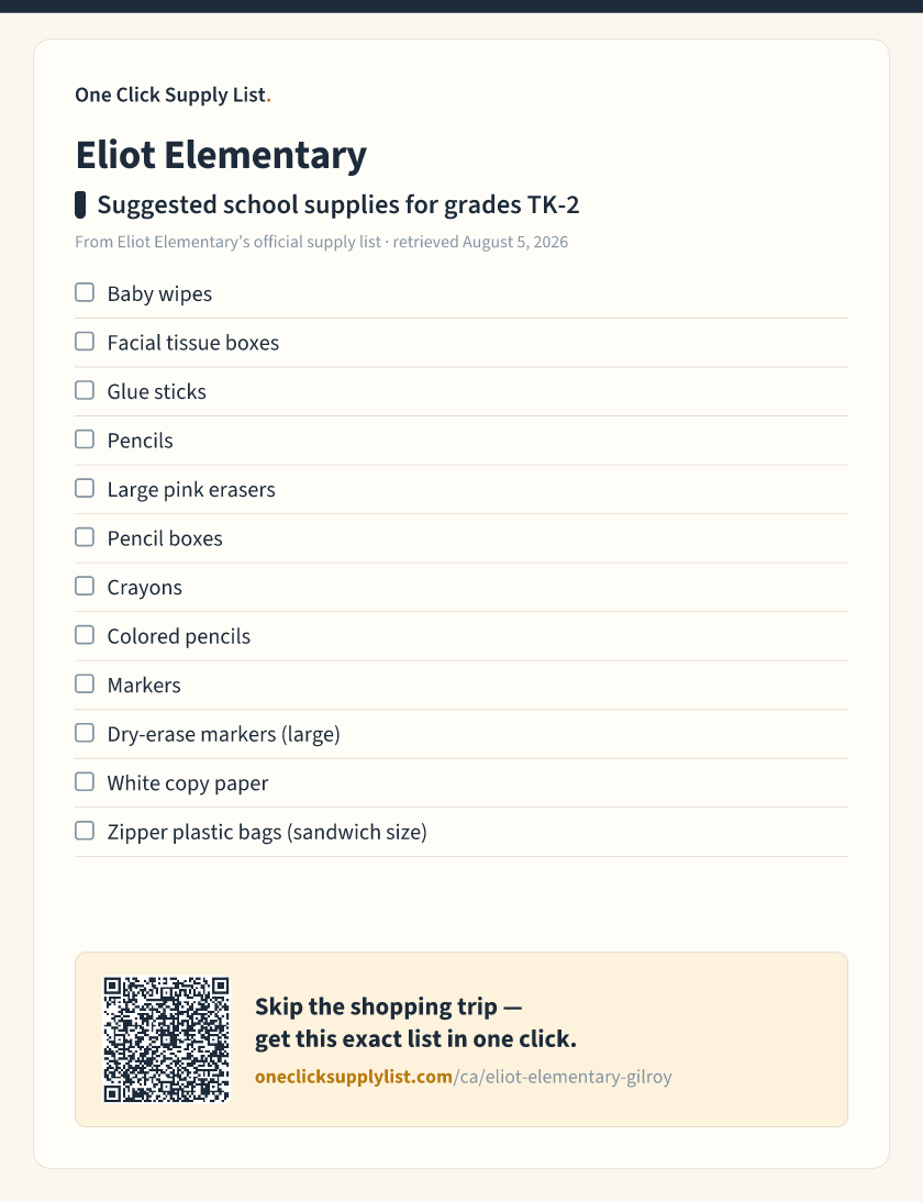 Eliot Elementary Suggested school supplies for grades TK-2 supply list — printable image