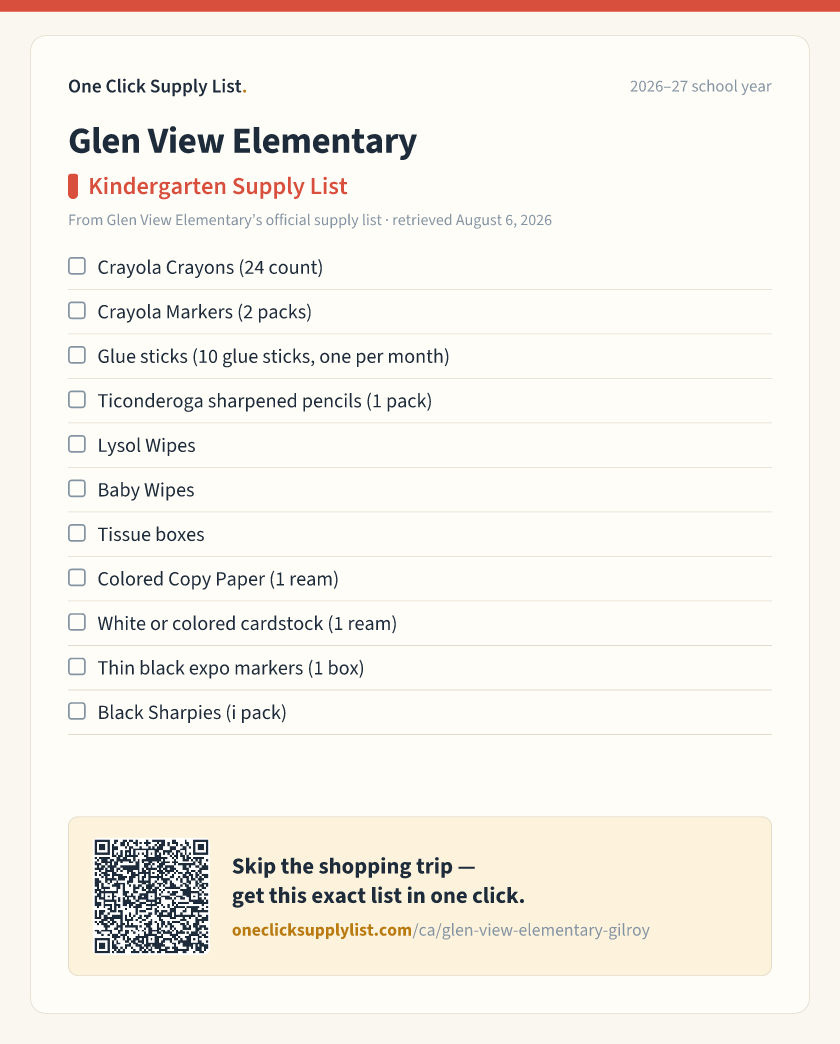 Glen View Elementary Kindergarten Supply List supply list — printable image