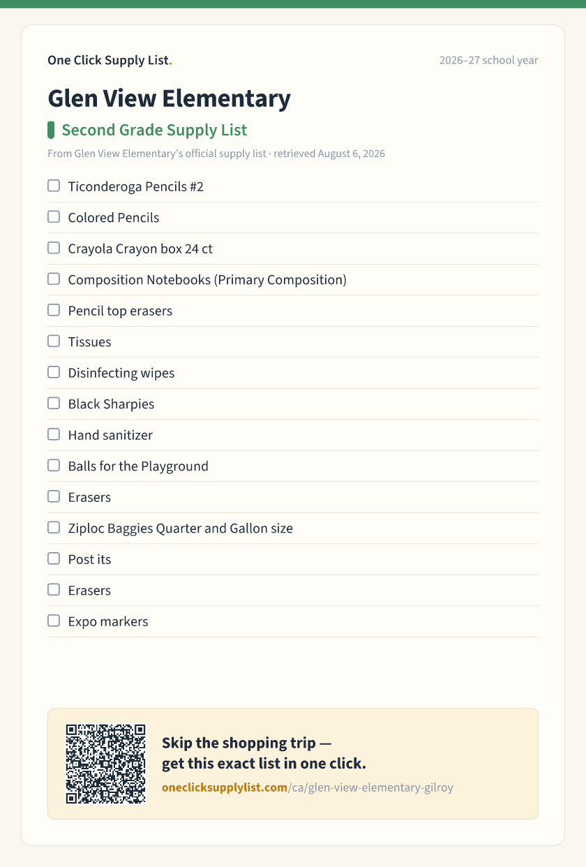 Glen View Elementary Second Grade Supply List supply list — printable image