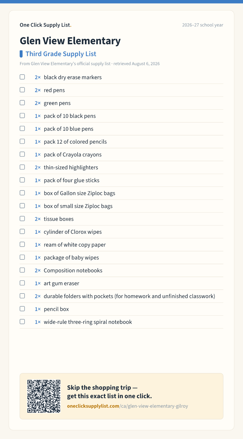 Glen View Elementary Third Grade Supply List supply list — printable image