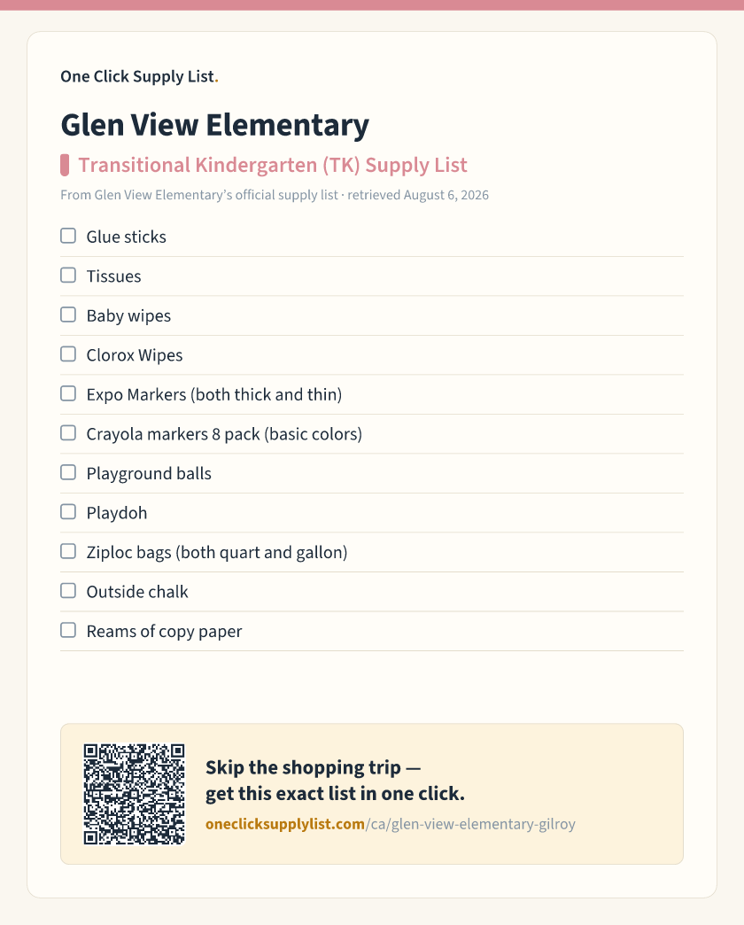 Glen View Elementary Transitional Kindergarten (TK) Supply List supply list — printable image