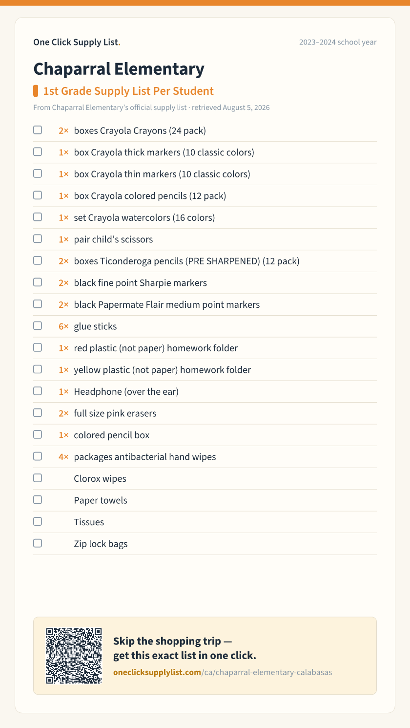 Chaparral Elementary 1st Grade Supply List Per Student supply list — printable image