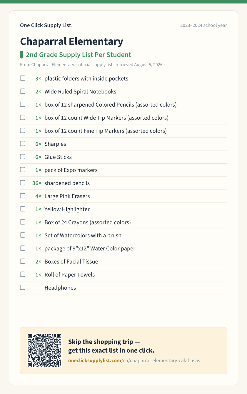 Chaparral Elementary 2nd Grade Supply List Per Student supply list — printable image