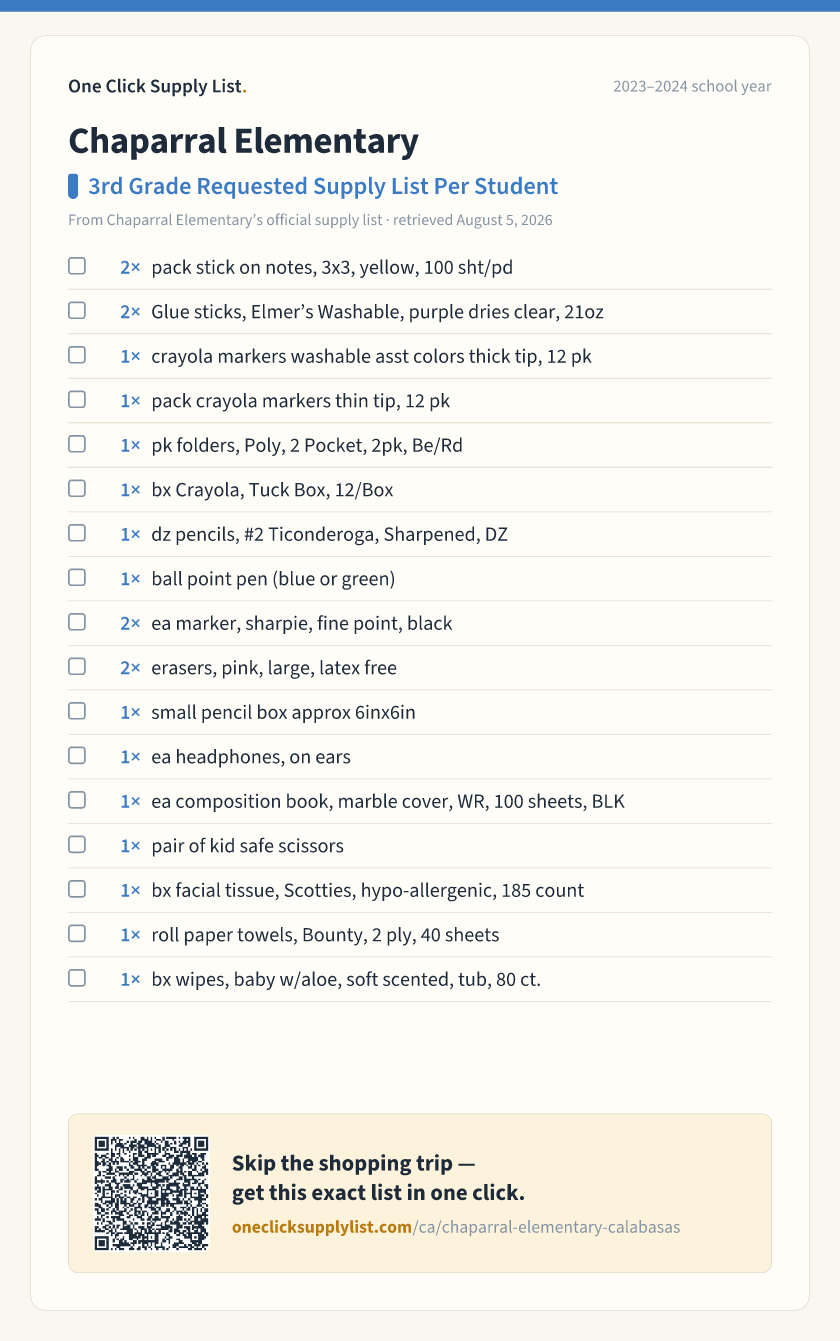 Chaparral Elementary 3rd Grade Requested Supply List Per Student supply list — printable image