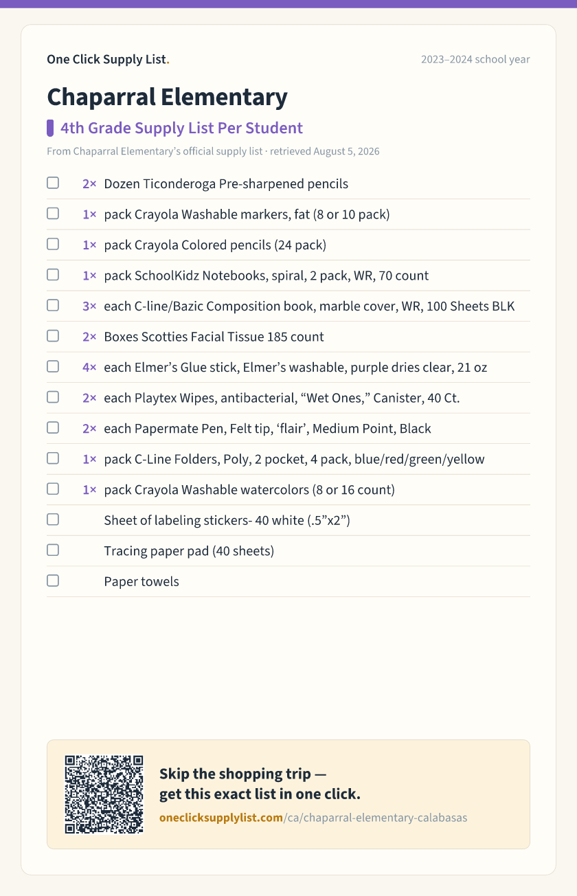 Chaparral Elementary 4th Grade Supply List Per Student supply list — printable image