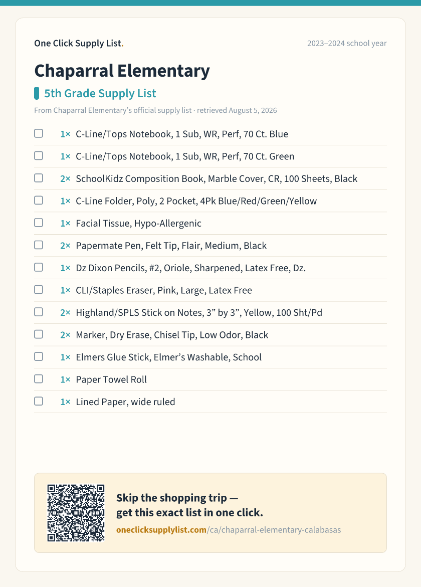Chaparral Elementary 5th Grade Supply List supply list — printable image