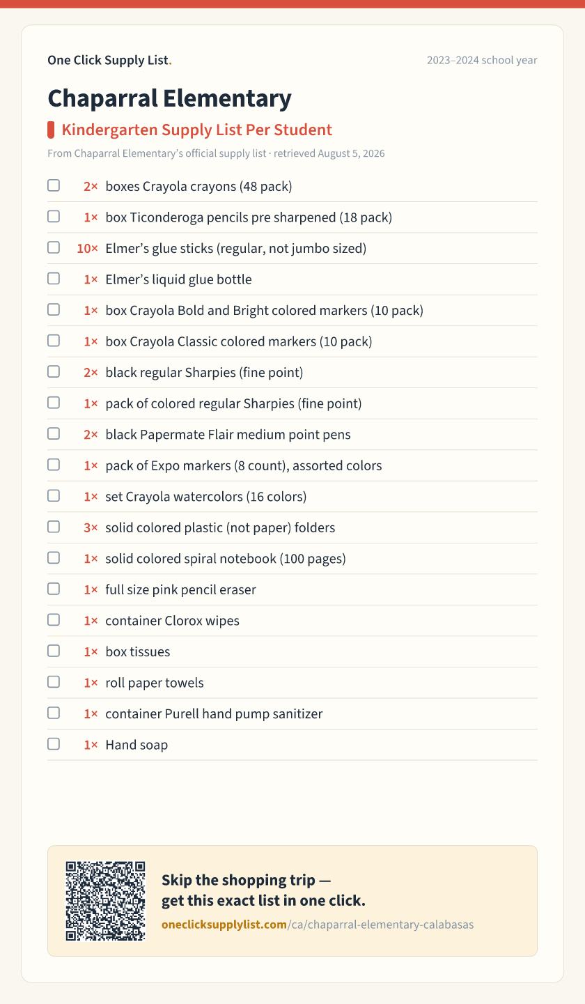 Chaparral Elementary Kindergarten Supply List Per Student supply list — printable image
