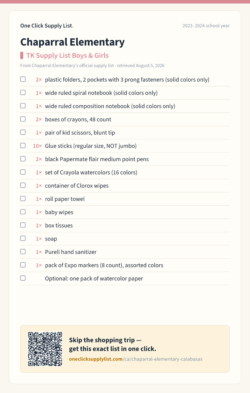 Chaparral Elementary TK Supply List Boys & Girls supply list — printable image