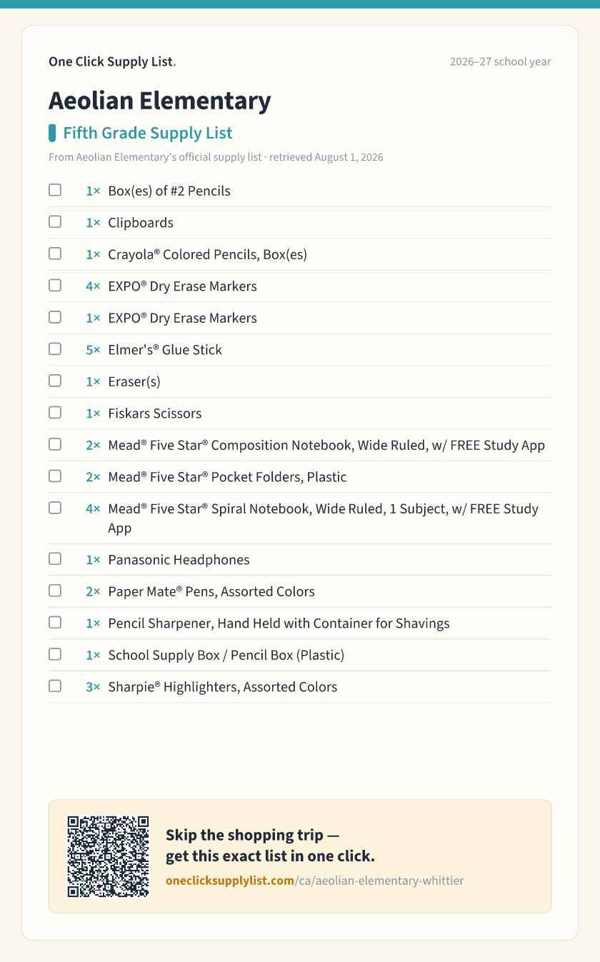 Aeolian Elementary Fifth Grade Supply List supply list — printable image